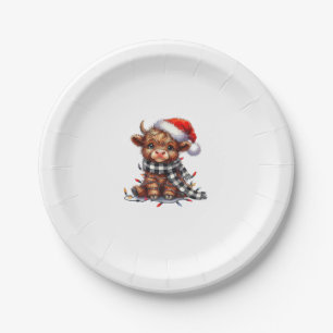 Cute Christmas Lights Highland Cow Funny Christmas Paper Plate