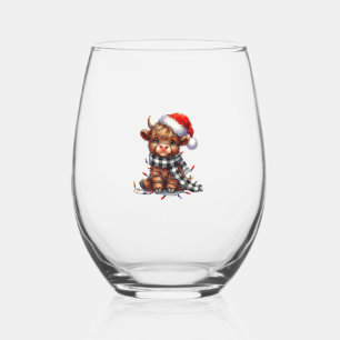 Cute Christmas Lights Highland Cow Funny Christmas Stemless Wine Glass