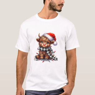 Cute Christmas Lights Highland Cow Funny Christmas T-Shirt