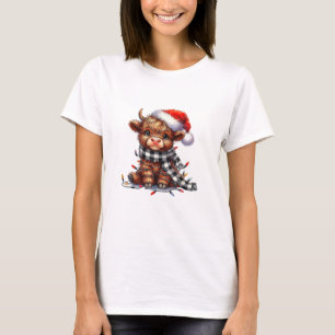 Cute Christmas Lights Highland Cow Funny Christmas T-Shirt