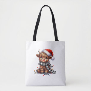 Cute Christmas Lights Highland Cow Funny Christmas Tote Bag
