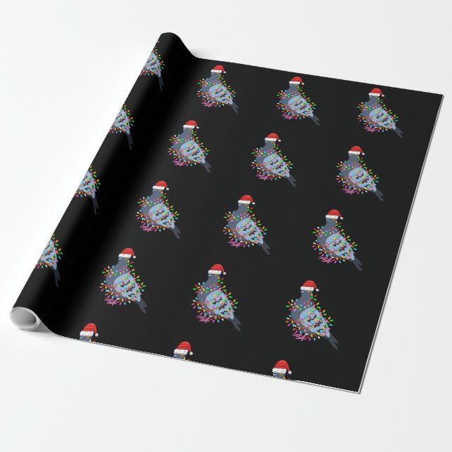 Cute Christmas Lights Pigeon Wearing Xmas Hat - Pi Wrapping Paper (Unrolled)