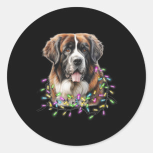 Cute Christmas Lights Saint Bernard Dog  Classic Round Sticker