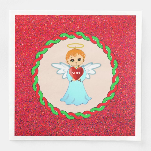 Cute Christmas little angel on beige & red Napkin (Front)