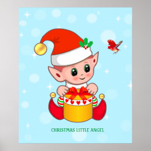 Cute Christmas little elf & red bird Poster