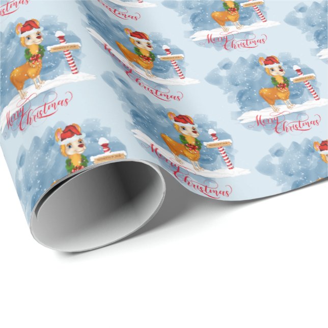 Cute Christmas Llama at North Pole Wrapping Paper (Roll Corner)