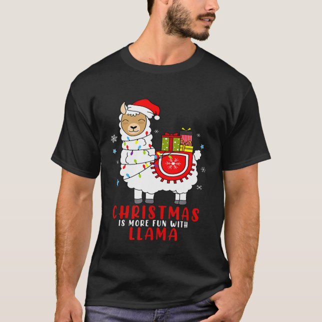 Cute Christmas Llama Pajama With Santa Claus Hat M T-Shirt (Front)