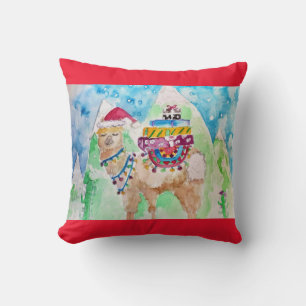 Cute Christmas Llama Watercolour Red Decor Cushion