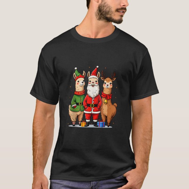 Cute Christmas Llamas in Santa Elf and Reindeer Co T-Shirt (Front)