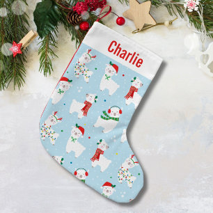 Cute Christmas Llamas on light blue Small Christmas Stocking