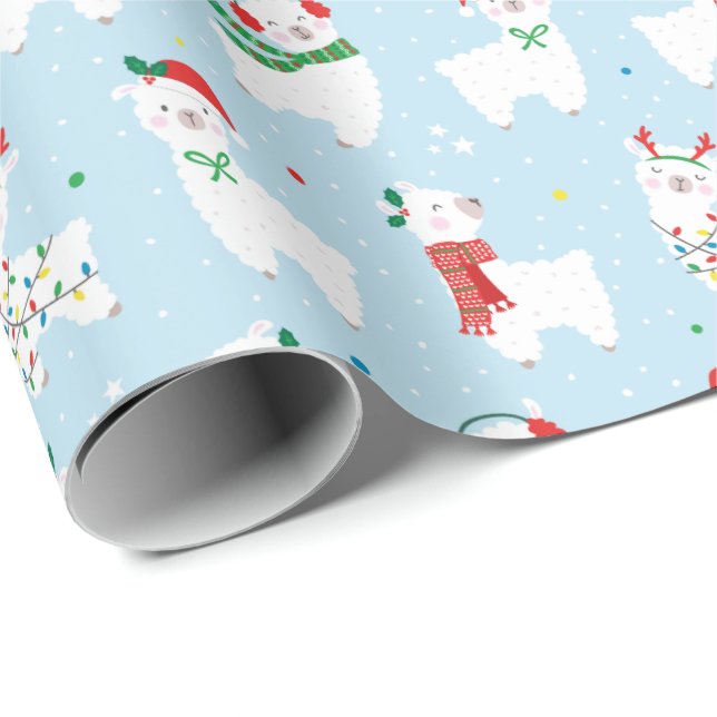 Cute Christmas Llamas on light blue Wrapping Paper (Roll Corner)