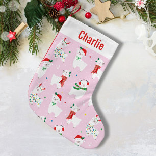 Cute Christmas Llamas on light pink Small Christmas Stocking