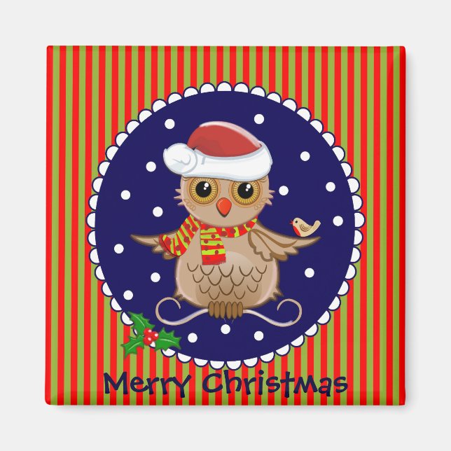 Cute Christmas magnet with cartoon owl and text (Front)