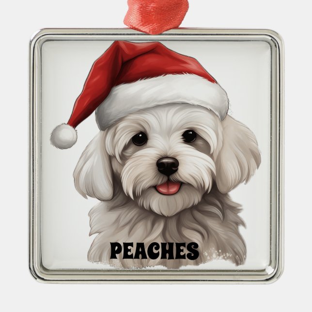 CUTE CHRISTMAS MALTESE DOG WITH SANTA HAT METAL TREE DECORATION (Front)