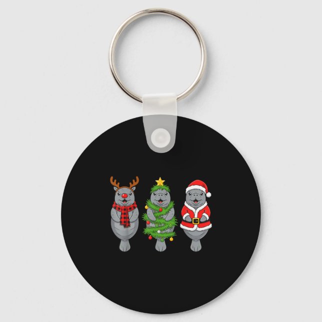 Cute Christmas Manatee Shirt, Holiday Manatee Sant Key Ring (Front)
