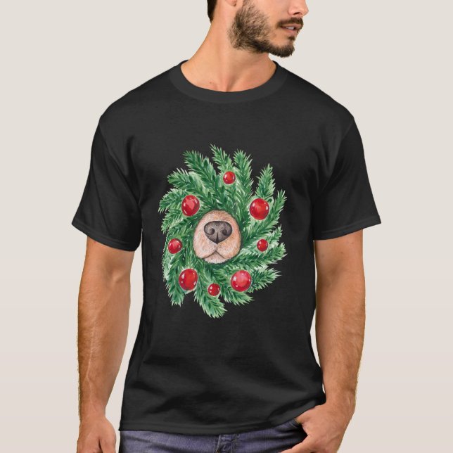 Cute Christmas men women dog nose wreath funny dog T-Shirt (Front)