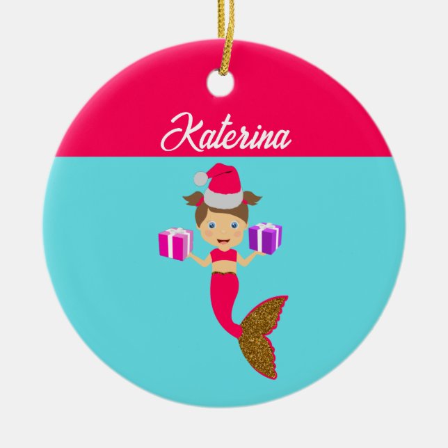 Cute Christmas Mermaid Girl Santa Hat in Sea Ceramic Tree Decoration (Front)