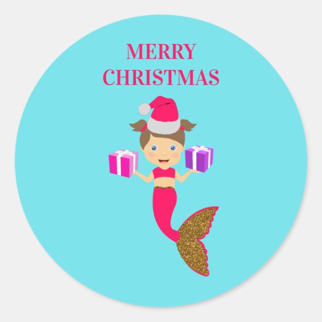 Cute Christmas Mermaid Girl Santa Hat in Sea  Classic Round Sticker (Front)