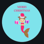 Cute Christmas Mermaid Girl Santa Hat in Sea  Classic Round Sticker<br><div class="desc">A beautiful illustration of a Christmas mermaid girl wearing a Santa hat,  pink and faux gold glitter swimming in the blue sea. The adorable mermaid is holding Christmas presents. An ideal Xmas design for kids who love mermaids. A perfect children's Christmas gift and holiday decor.</div>