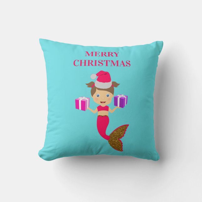 Cute Christmas Mermaid Girl Santa Hat in Sea  Cushion (Front)