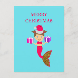 Cute Christmas Mermaid Girl Santa Hat in Sea  Holiday Postcard