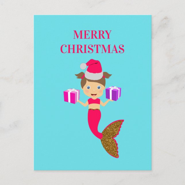 Cute Christmas Mermaid Girl Santa Hat in Sea  Holiday Postcard (Front)