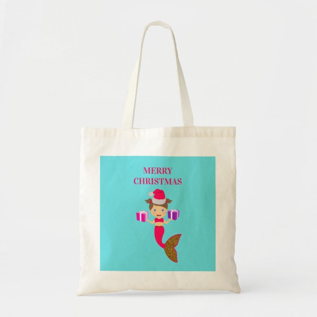 Cute Christmas Mermaid Girl Santa Hat in Sea  Tote Bag (Front)