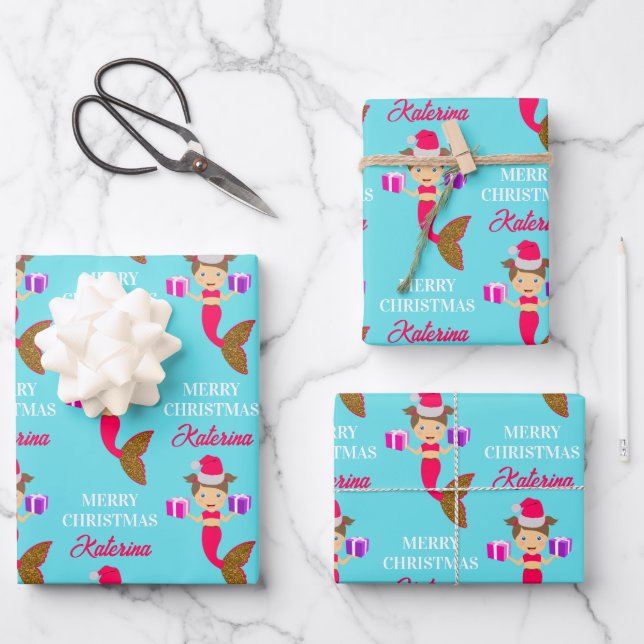 Cute Christmas Mermaid Girl Santa Hat in Sea Wrapping Paper Sheet (Front)