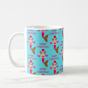 Cute Christmas Mermaid Girl Santa Hat in Sea Xmas Coffee Mug
