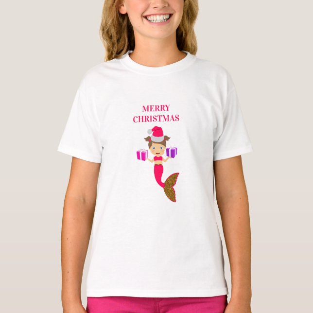 Cute Christmas Mermaid Girl Santa Hat Xmas   T-Shirt (Front)