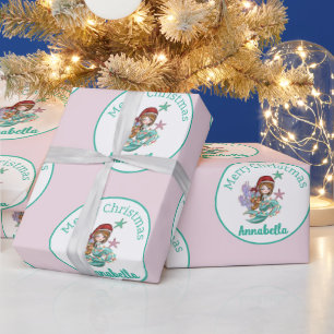 Cute Christmas Mermaid in Santa Hat on Pink Wrapping Paper