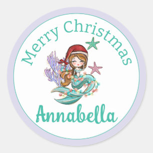Cute Christmas Mermaid in Santa Hat on Purple Classic Round Sticker