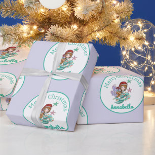 Cute Christmas Mermaid in Santa Hat on Purple Wrapping Paper