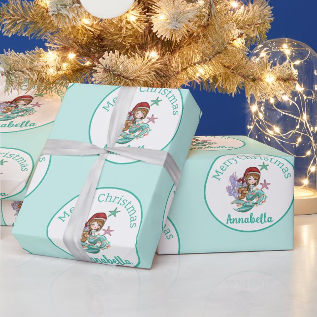 Cute Christmas Mermaid in Santa Hat on Teal Wrapping Paper (Holidays)