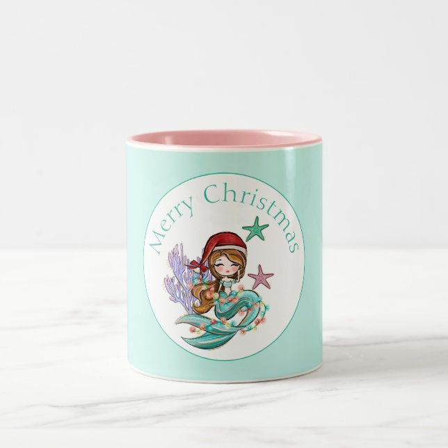 Cute Christmas Mermaid in Santa Hat Pink & Teal Two-Tone Coffee Mug (Center)