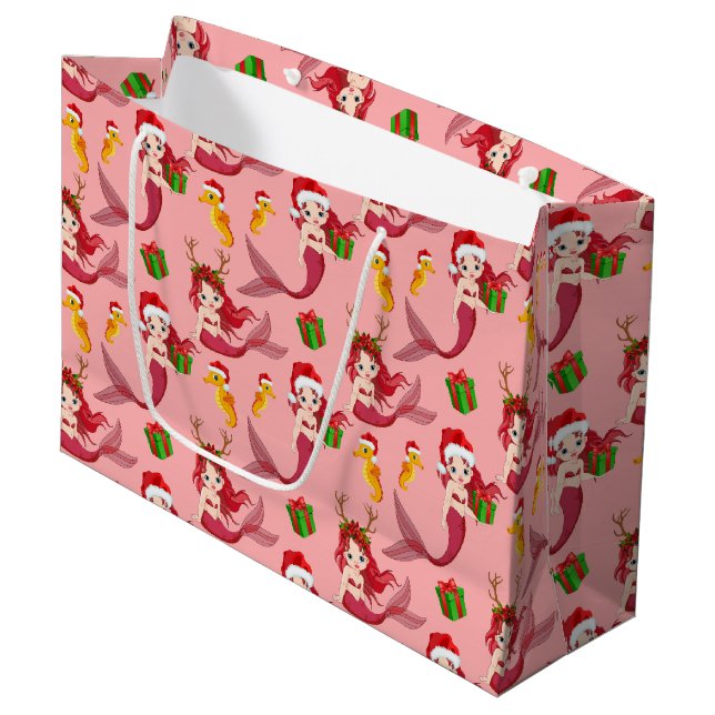 Cute Christmas mermaid seahorse pattern Large Gift Bag (Front Angled)