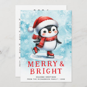 Cute Christmas Merry & Bright Ice Skating Penguin Holiday Card
