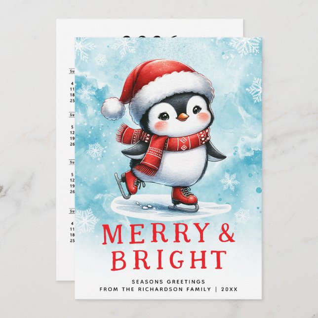 Cute Christmas Merry & Bright Ice Skating Penguin Holiday Card (Front/Back)