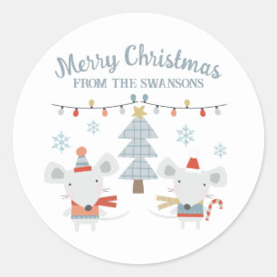 Cute Christmas Mice and Tree Classic Round Sticker
