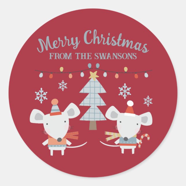 Cute Christmas Mice and Tree on Burgundy Red Classic Round Sticker (Front)