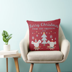 Cute Christmas Mice and Tree on Burgundy Red Cushion