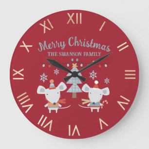 Cute Christmas Mice and Tree on Burgundy Red Large Clock