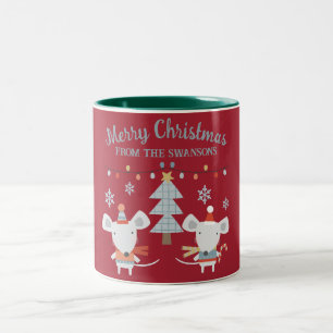 Cute Christmas Mice and Tree on Burgundy Red Two-Tone Coffee Mug