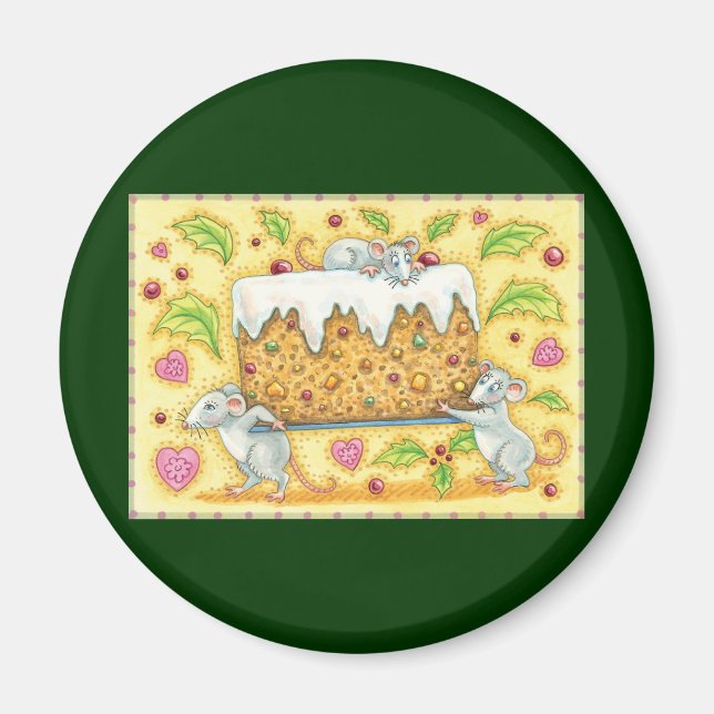 Cute Christmas Mice Carrying a Fruit Cake Dessert Magnet (Front)