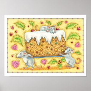 Cute Christmas Mice Carrying a Fruit Cake Dessert Poster
