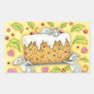 Cute Christmas Mice Carrying a Fruit Cake Dessert Rectangular Sticker