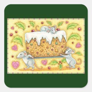 Cute Christmas Mice Carrying a Fruit Cake Dessert Square Sticker