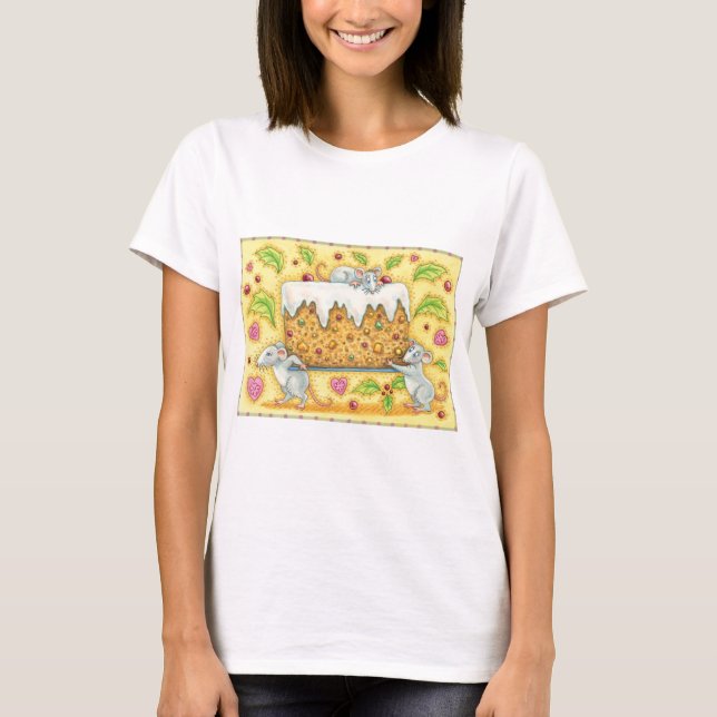 Cute Christmas Mice Carrying a Fruit Cake Dessert T-Shirt (Front)