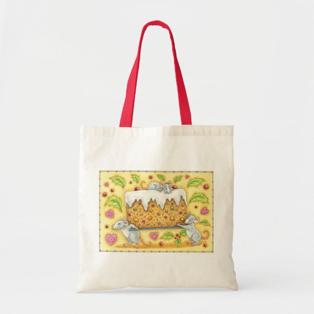 Cute Christmas Mice Carrying a Fruit Cake Dessert Tote Bag (Front)
