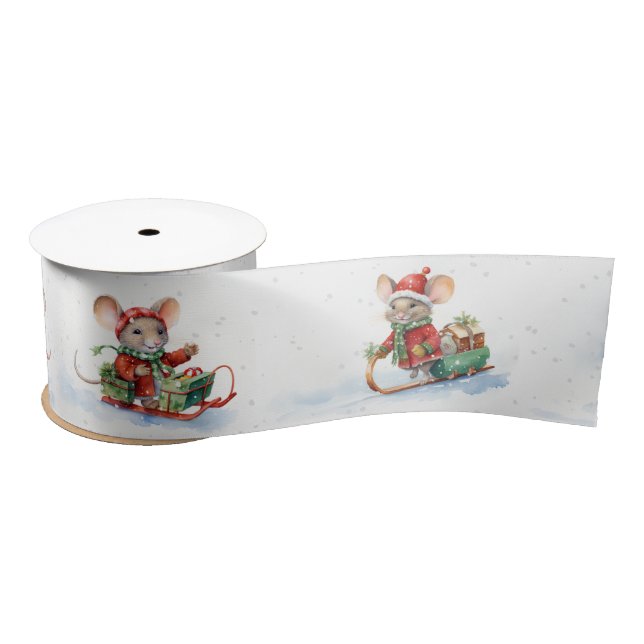 Cute Christmas Mice In Snowflakes Satin Ribbon (Spool)